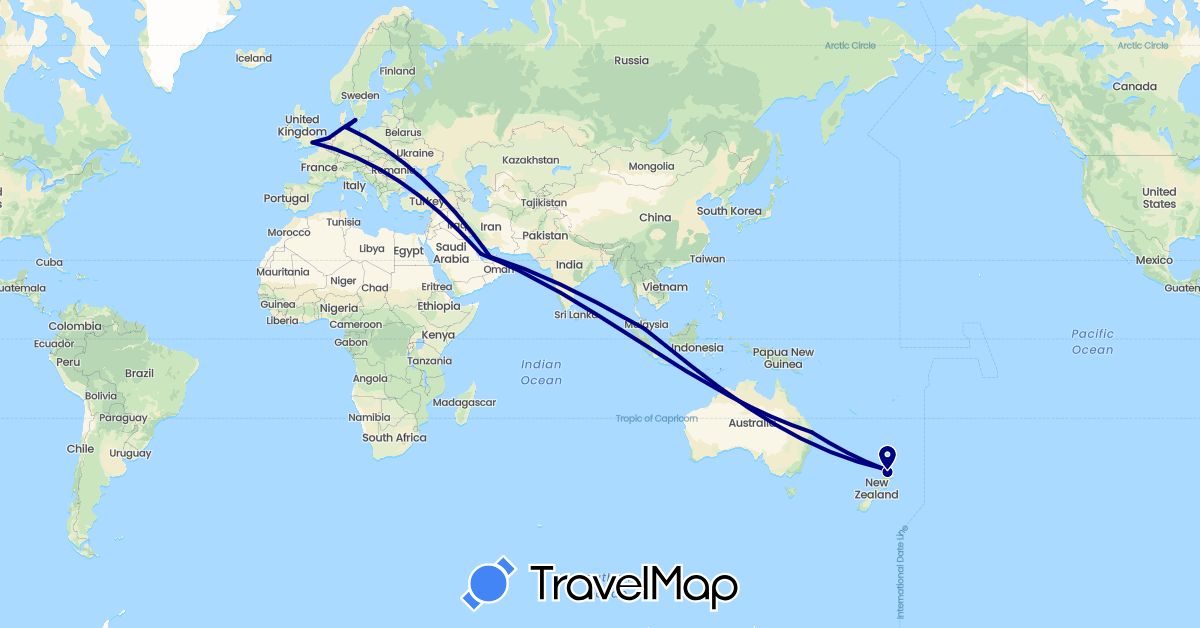 TravelMap itinerary: driving in United Arab Emirates, Australia, Germany, United Kingdom, Malaysia, Netherlands, New Zealand, Qatar, Sweden (Asia, Europe, Oceania)